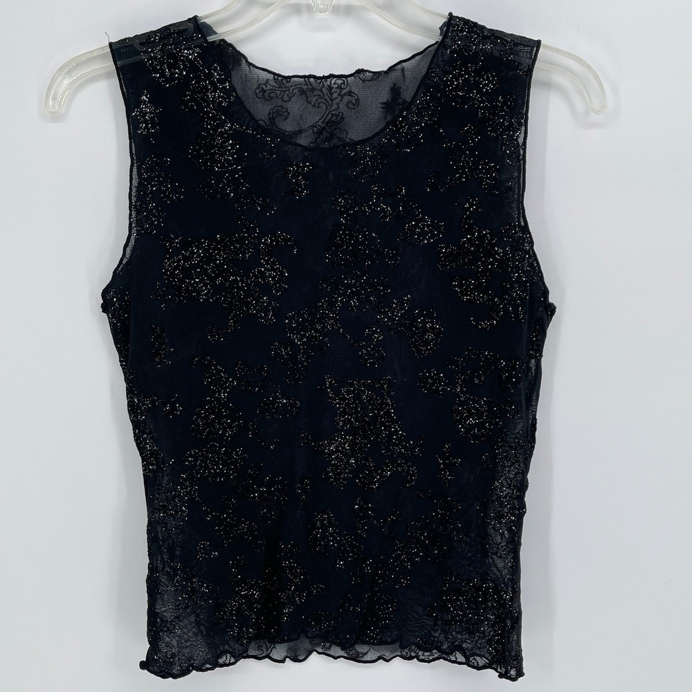 Women's Black Glitter Mesh Floral Sleeveless Tank Top Size S-M